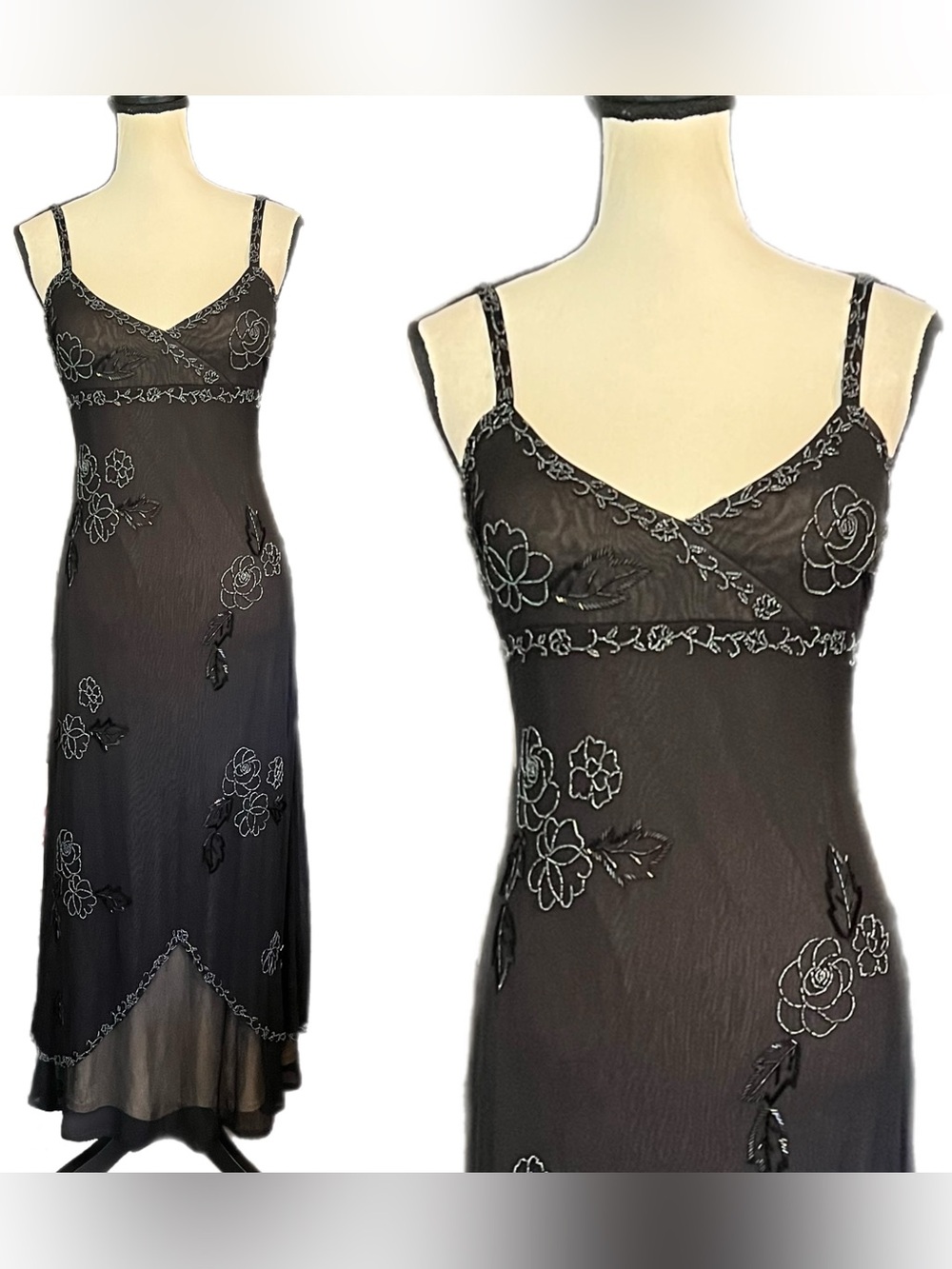 Vintage Cache Sheer Mesh Beaded Floral Formal Slip Dress - Picture 14 of 14